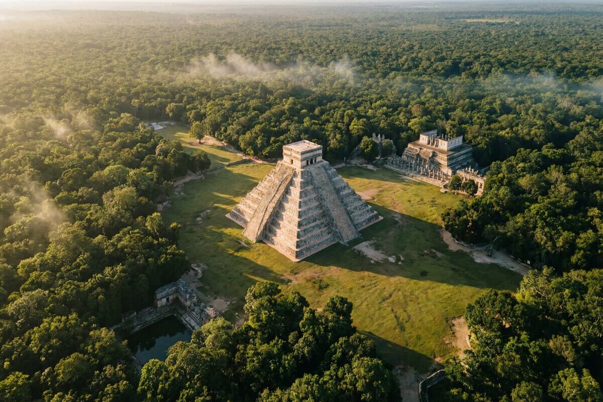 Vista aérea de la pirámide de Kukulkán en Chichén Itzá rodeada de selva
