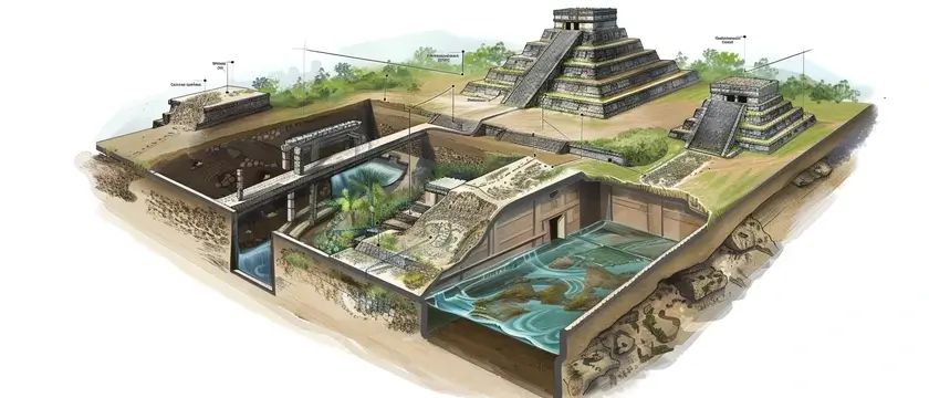 Ilustración del sistema de agua bajo Chichén Itzá