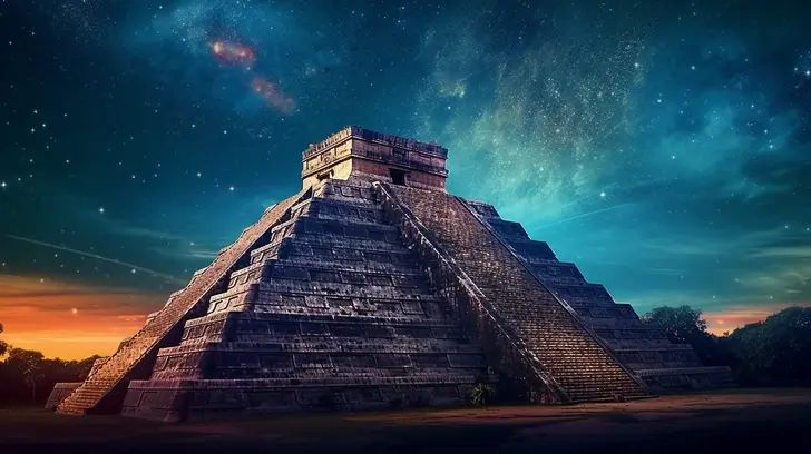 Pirámide de Kukulkán en Chichén Itzá bajo un cielo estrellado