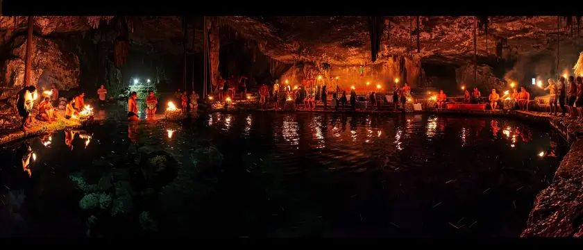 Cenote iluminado con velas durante una ceremonia