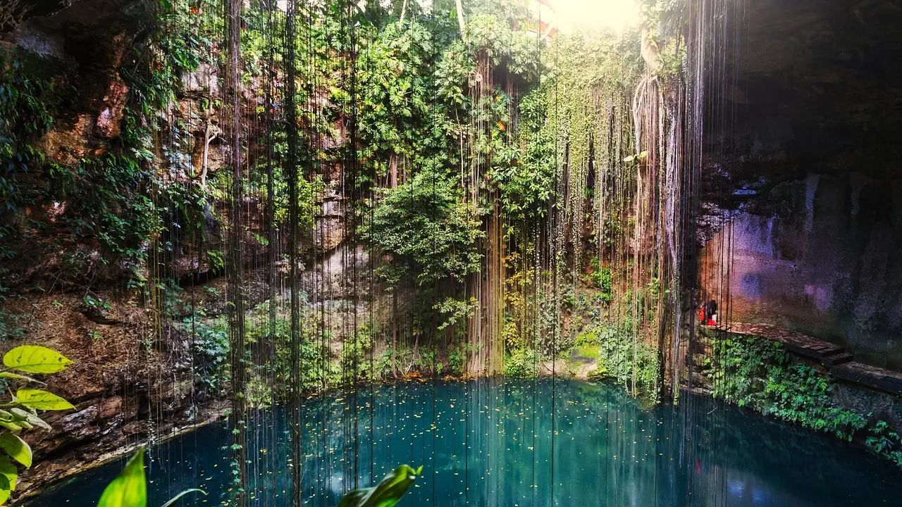 Aerial view of Ik Kil cenote in the jungle
